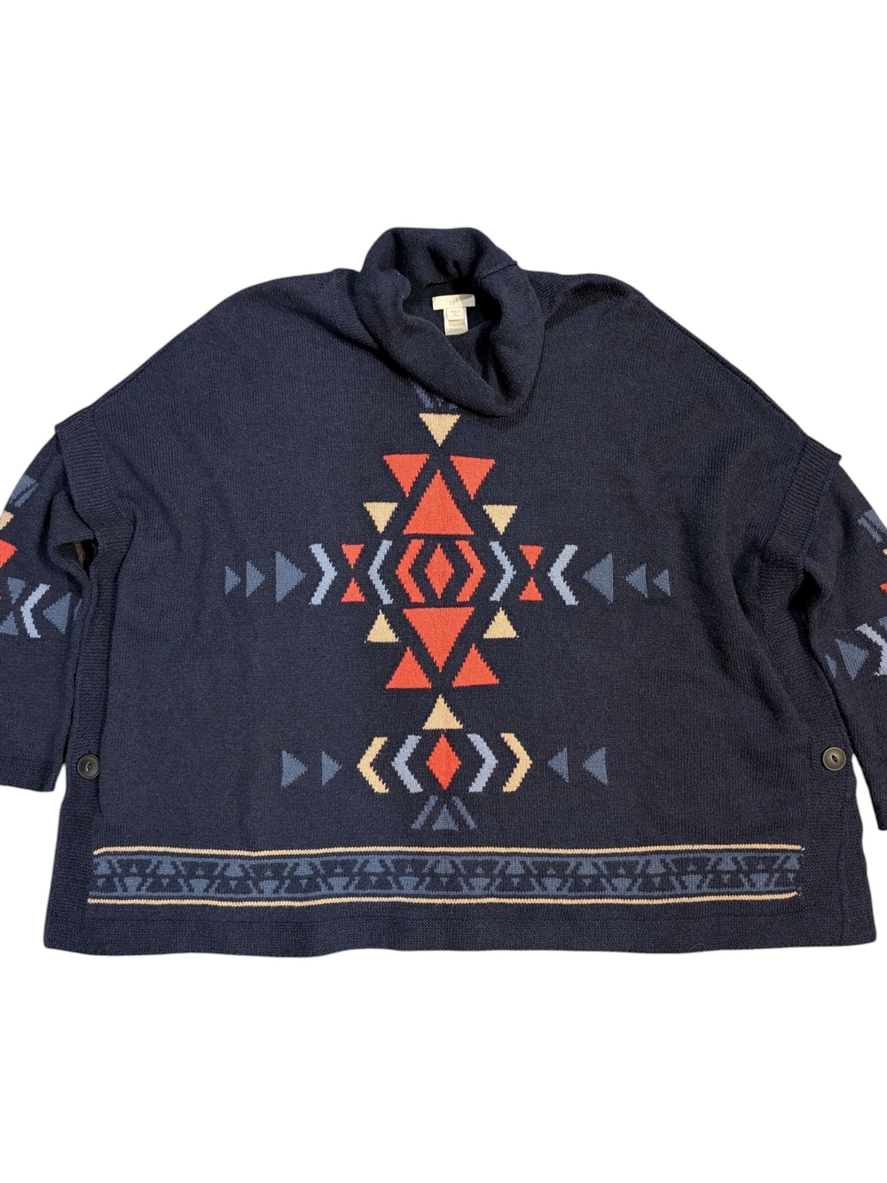 J Jill SP Poncho Sweater Southwestern Aztec Cowl Neck Navy Geometric Oversized
